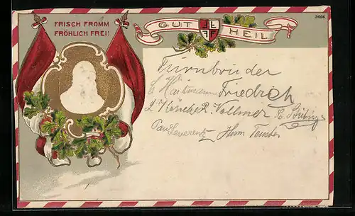 Präge-Lithographie Portrait Turnvater Jahn mit Flaggen und Eichenlaub, Turner-Wappen