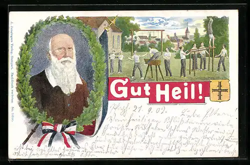 AK Turner mit Reck und Barren, Turnvater Jahn im Ehrenkranz