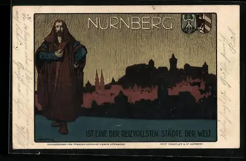 Künstler-AK Nürnberg, Stadtsilhouette, Stadtwappen, Mann im Mantel