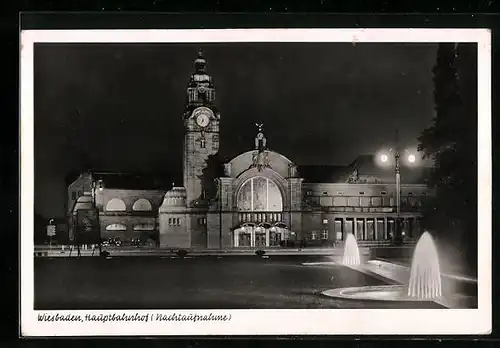 AK Wiesbaden, Hauptbahnhof bei Nacht
