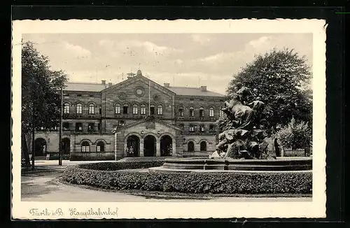AK Fürth i. B., Hauptbahnhof mit Brunnen