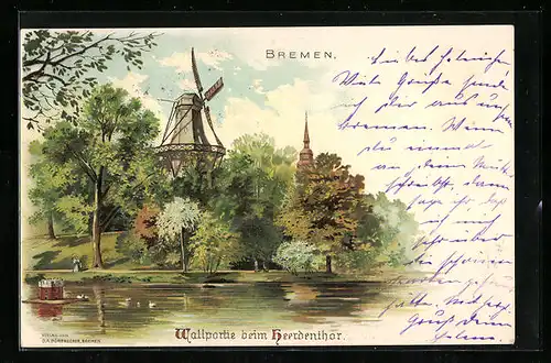 Lithographie Bremen, Wallpartie beim Heerdenthor mit Windmühle