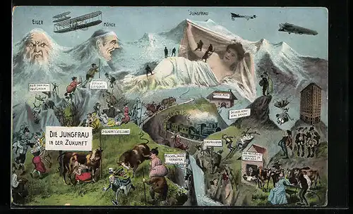 AK Jungfrau, Mönch und Eiger mit Flugobjekten und Touristen der Zukunft, Berg mit Gesicht / Berggesichter