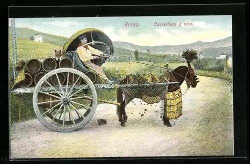 AK Rom, Transport von Weinfässern in einem improvisierten Einspänner