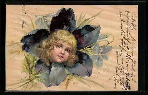 Lithographie Blonder Kinderkopf in einer blauen Blüte