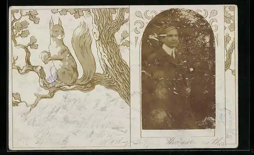 Foto-AK Eichhörnchen mit Eichel, Student im Passepartout