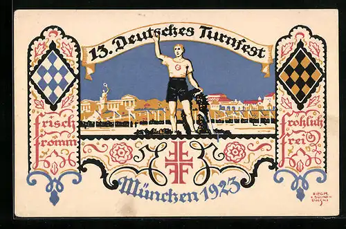 Künstler-AK Siegmund von Suchodolski: München, Deutsches Turnfest 1923, Turner vor Stadtkulisse, Wappen