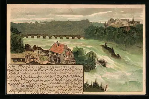 Lithographie Schaffhausen, Rhein, Wasserfall und Brücke, Reklame Messmer-Tee