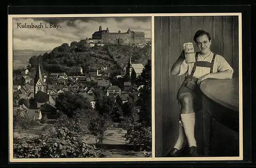 AK Kulmbach /Bay., Ortsansicht mit Burg, Biertrinker