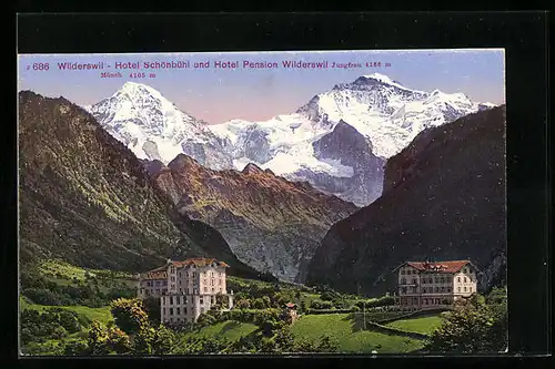 AK Wilderswil, Hotel Schönbühl und Hotel Pension Wilderswil mit Jungfrau und Mönch