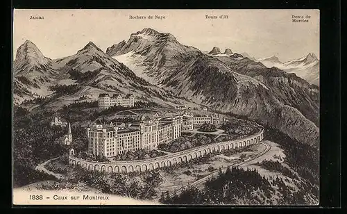 AK Caux sur Montreux, Hotelanlage mit Berggipfeln