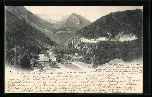 AK Champ du Moulin mit Brücke und Bergblick aus der Vogelschau