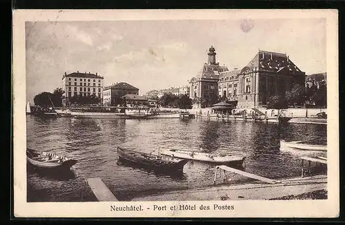 AK Neuchatel, Hotel des Postes und Hafen