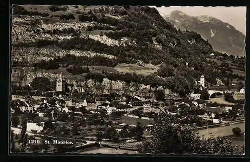 AK St. Maurice, Ortsansicht mit Brücke aus der Vogelschau