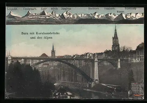 AK Bern, Ortspartie mit Kornhausbrücke und den Alpen, Eiger, Mönch und Jungfrau