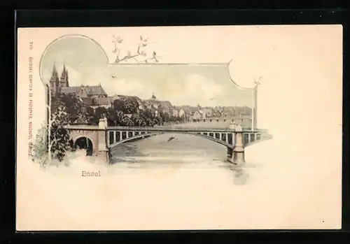 AK Basel, Uferpartie mit Kirche und Brücke