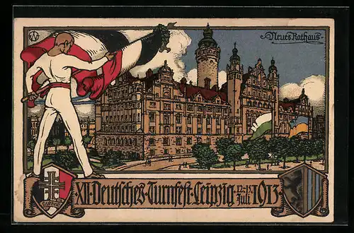 Künstler-AK Leipzig, XII. Deutsches Turnfest 1913, Neues Rathaus, Turner mit Fahne