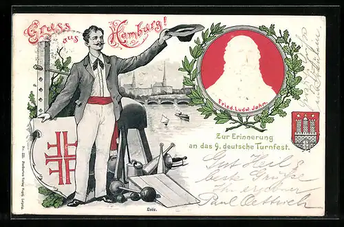 Präge-Lithographie Hamburg, 9. deutsches Turnfest, Uferpartie, Turner mit Wappen, Friedrich Ludwig Jahn
