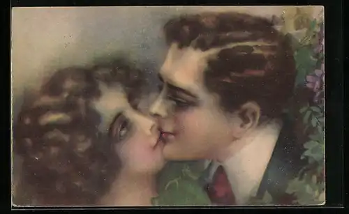 AK Ein Liebespaar küsst sich, Art Deco