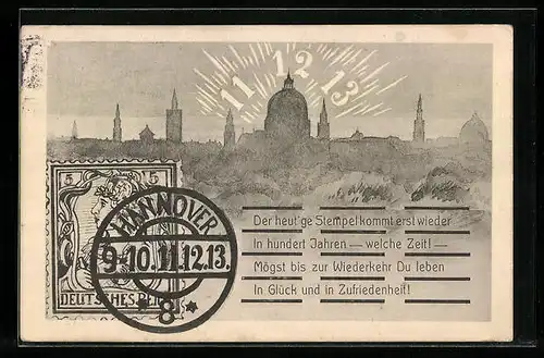 Künstler-AK Hannover, Stadtsilhouette, Briefmarke und Stempel, Datum 11. 12. 13