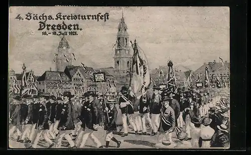 Künstler-AK Dresden, 4. Sächsisches Kreisturnfest 1921, Strassenumzug der Turner