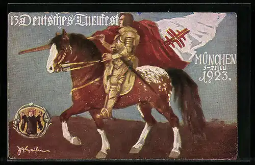 Künstler-AK München, 13. Deutsches Turnfest 1923, Ritter mit Fahne zu Pferde