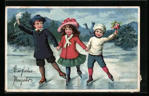 AK Mädchen mit zwei Jungen beim Schlittschuhlaufen, Neujahrsgruss