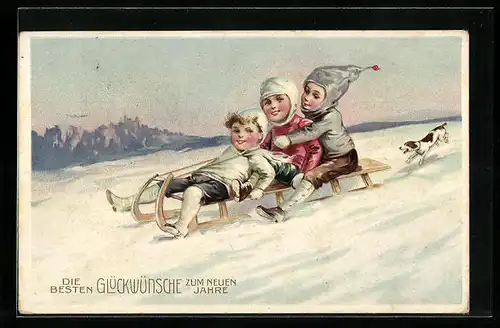 Präge-AK Kinder mit einem Schlitten und Hund, Neujahrsgruss