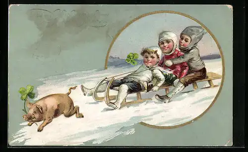 Präge-AK Kinder mit einem Schlitten und Ferkel, Neujahrsgruss