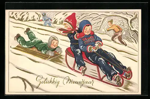 AK Kinder beim Schlittenfahren, Neujahrsgruss