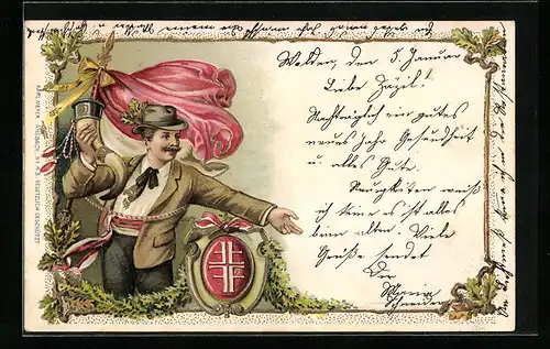 Präge-AK Turner mit Horn und Fahne, Wappen des DTB