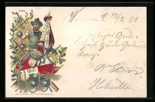 AK Turner mit Hanteln, Degen und Fahne