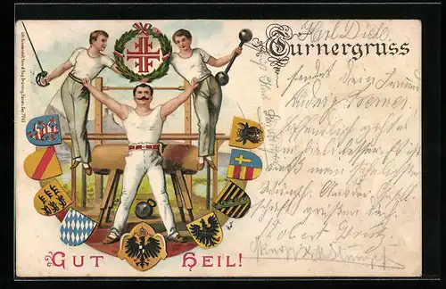 AK Drei Turner mit Hanteln am Pferd, Wappen