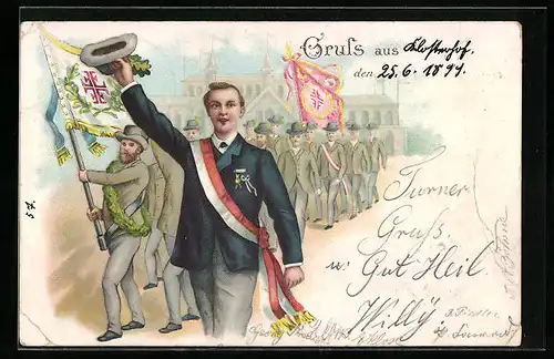 AK Turner mit Fahen bei einem Umzug