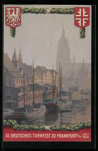 Künstler-AK Frankfurt a. M., XI. Deutsches Turnfest 1908, Uferpartie mit Kirche und Booten