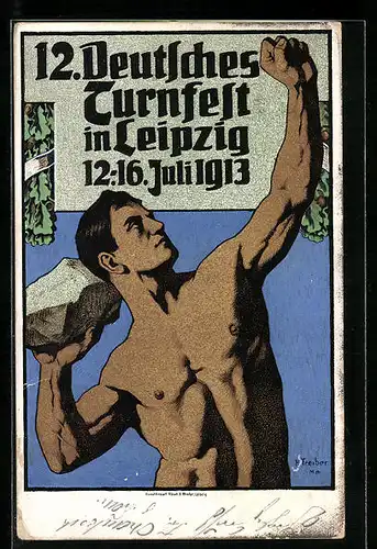 Künstler-AK Leipzig, 12 Deutsches Turnfest 1913, Sportler mit einem Stein