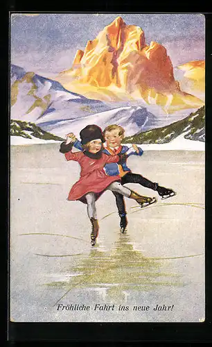 AK Pärchen auf Schlittschuhen auf der Eisbahn, Neujahrsgruss