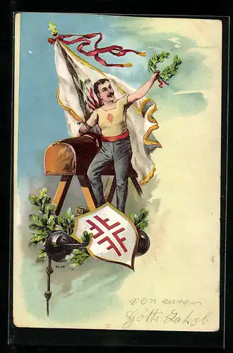 AK Turner mit Fahne am Pferd, Wappen des DTB