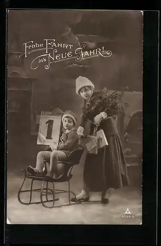 AK Junge auf Schlitten und Frau mit Paketen, Neujahrsgruss