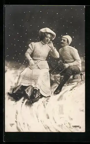 AK Herr und Dame mit Schlitten bei Schnee
