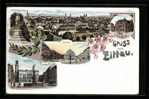 Lithographie Zittau, Totalansicht, Neustadt, Marktplatz