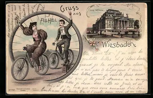Lithographie Wiesbaden, Hoftheater, Paar auf Fahrrädern