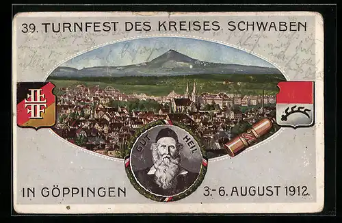 AK Göppingen, Turnfest des Kreises Schwaben 1912, Ortsansicht, Turnvater Jahn, Wappen
