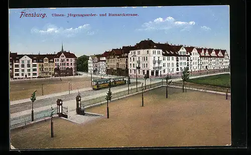 AK Flensburg, Ulmen-, Jürgensgaarder- und Bismarckstrasse, Strassenbahn