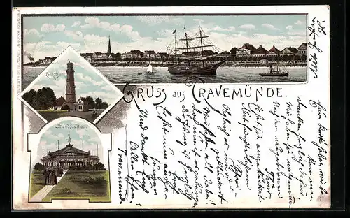 Lithographie Travemünde, Ortspanorama mit Segelschiff, Leuchtthurm, Strandpavillon