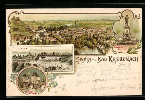 Lithographie Bad Kreuznach, Gesamtansicht, Kurhaus, Brückenhäuser