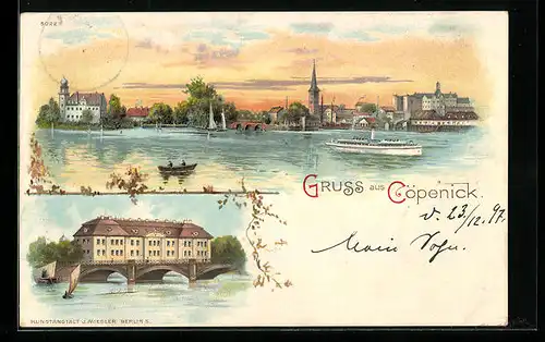 Lithographie Berlin-Cöpenick, Ortsansicht vom Wasser aus, Gebäude und Brücke