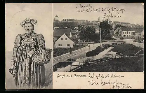 AK Dachau, Teilansicht aus der Vogelschau, Tracht