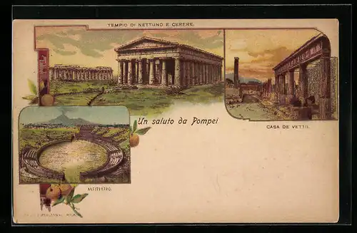 Lithographie Pompei, Tempio di Nettuno e Cerere, Casa de Vettii, Anfiteatro
