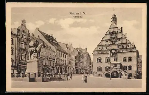 AK Plauen i. V., Altmarkt mit Denkmal